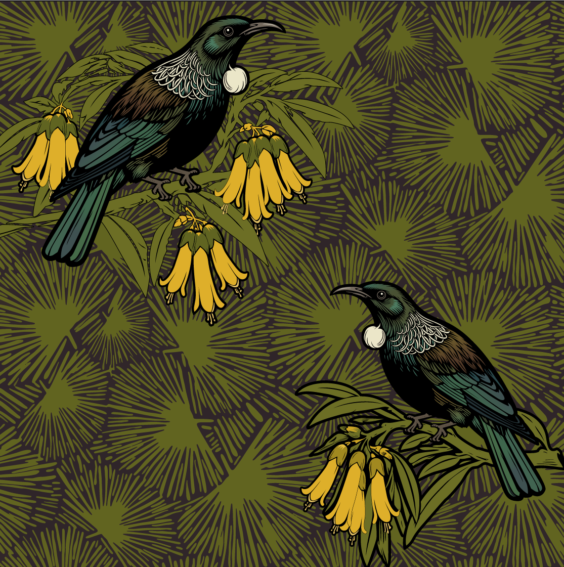 Cabbage Tui – Bird & Kowhai Wallpaper – Khaki Yellow