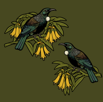 Cabbage Tui – Bird & Kowhai Wallpaper – Khaki Yellow