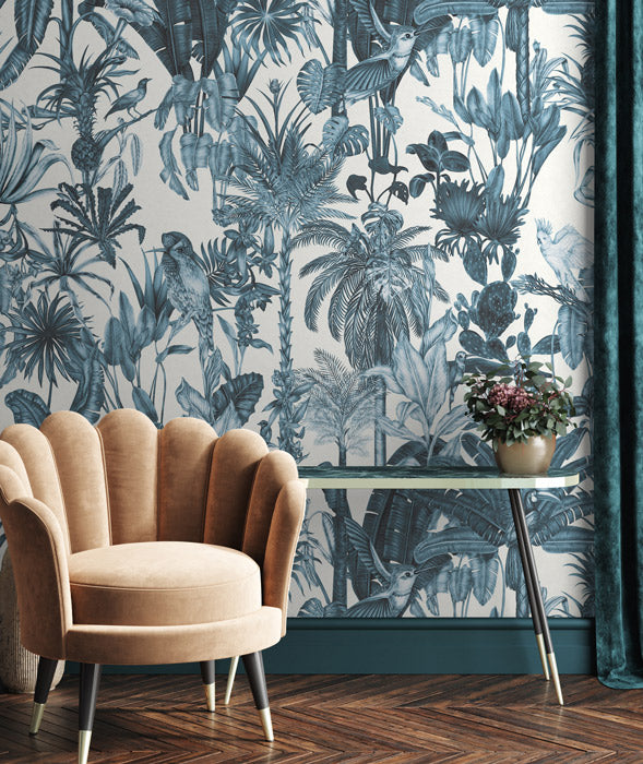 Sample - Birds Birds Mural Wallpaper - Blue