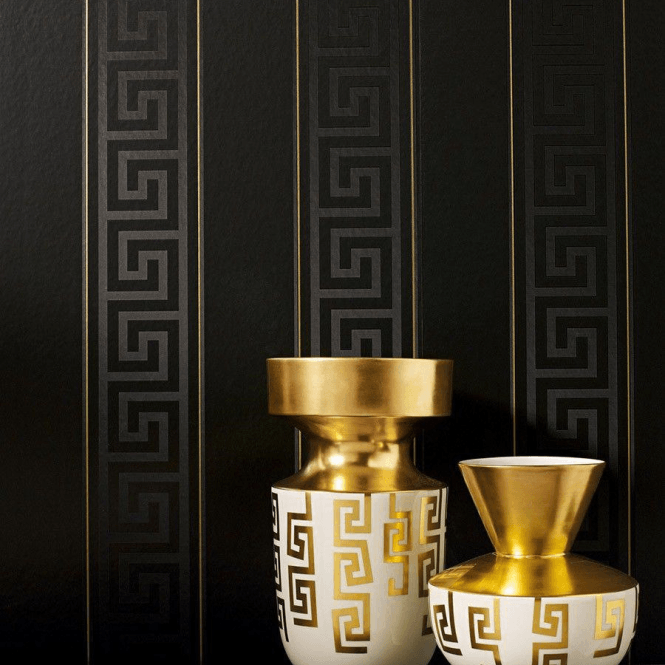 Versace Greek Key Stripe Wallpaper  - Black/Gold