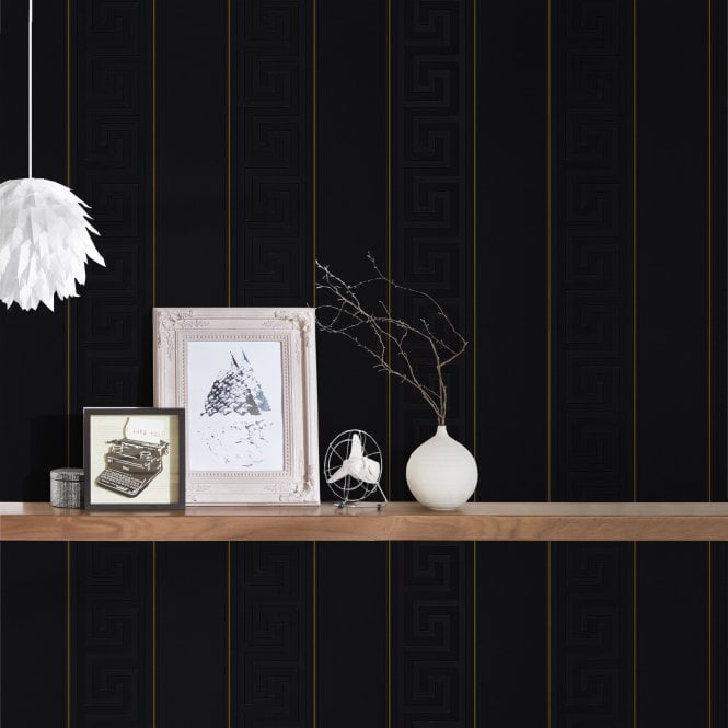 Versace Greek Key Stripe Wallpaper  - Black/Gold