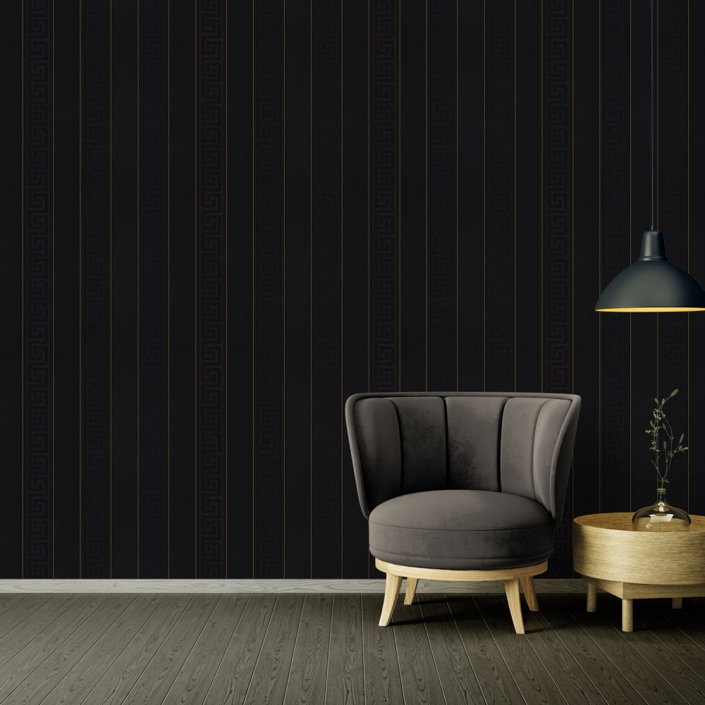Versace Greek Key Stripe Wallpaper  - Black/Gold