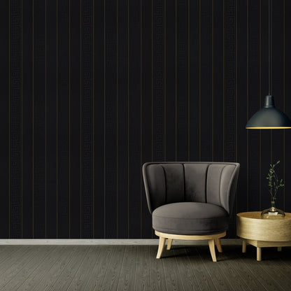 Versace Greek Key Stripe Wallpaper  - Black/Gold