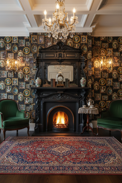 Victorian Room with Ornate Fireplace and Regal Beasts Wallpaper