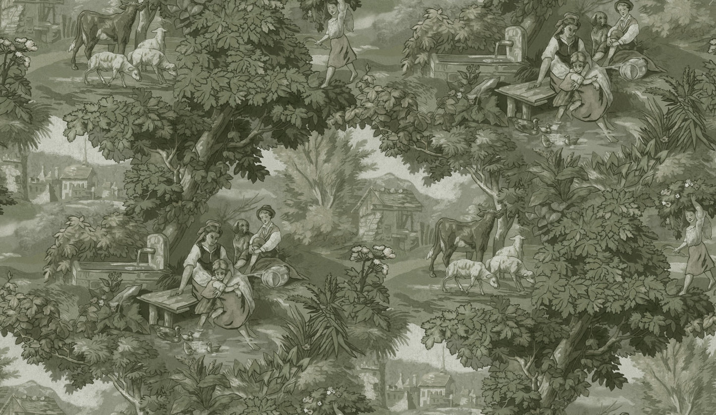 Vintage Landscape - Custom Sized Wallpaper Mural (per m2) - Antique Green