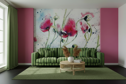 Watercolour Poppy Mural Room Shot - Green Curtain