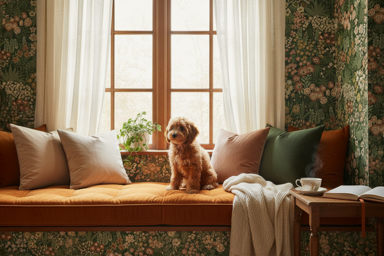 Window seat with Lysandra Emerald Green wallpaper and spoodle puppy