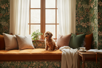 Window seat with Lysandra Emerald Green wallpaper and spoodle puppy