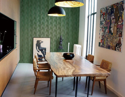 Wood Veneer Geometric Wallpaper - Green + Gold