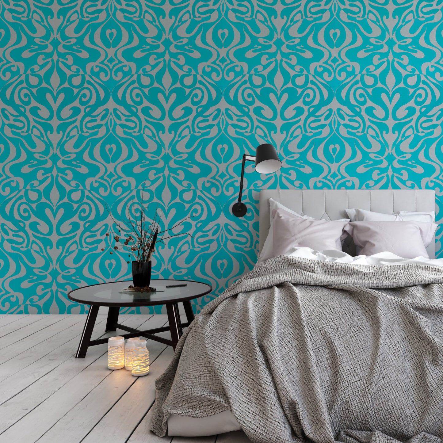 Woodstock Wallpaper - Aqua/Metallic Silver