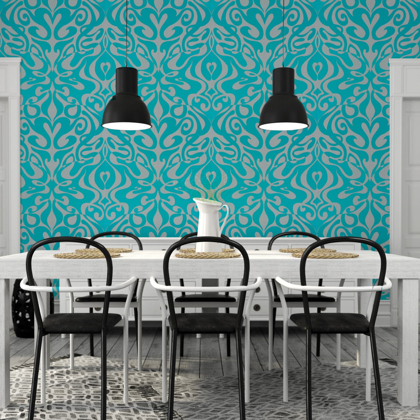 Woodstock Wallpaper - Aqua/Metallic Silver