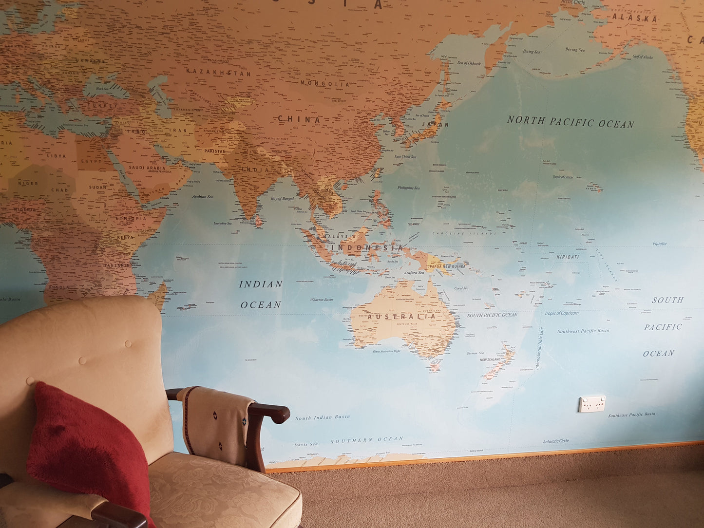 World Map NZ Centre - Dusky Blue - Custom Sized Wallpaper Mural