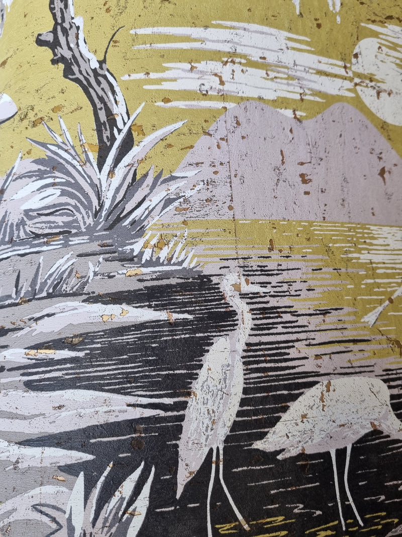 Egret Park Cork Wallpaper - Ochre Green + Gold