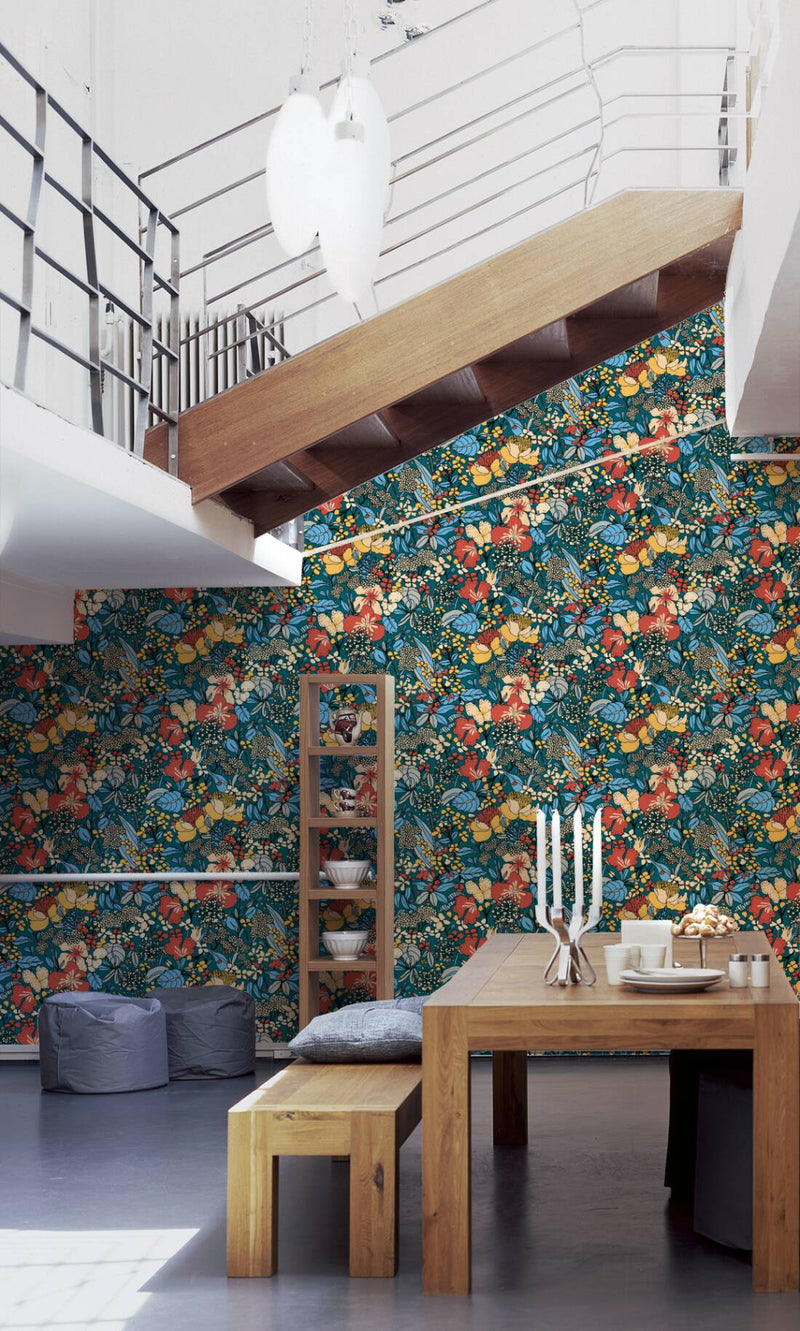 Floral Impressions Wallpaper - Blue + Yellow