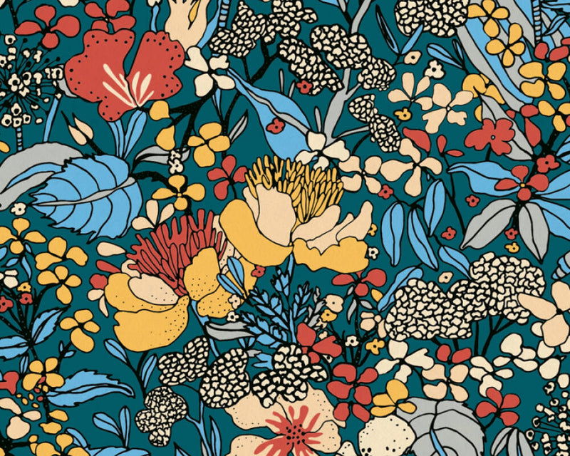 Floral Impressions Wallpaper - Blue + Yellow