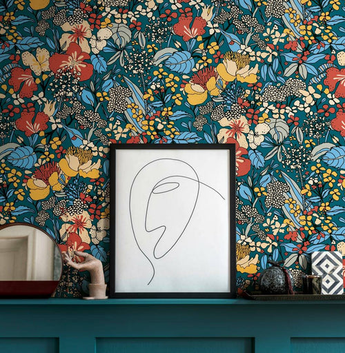 Floral Impressions Wallpaper - Blue + Yellow