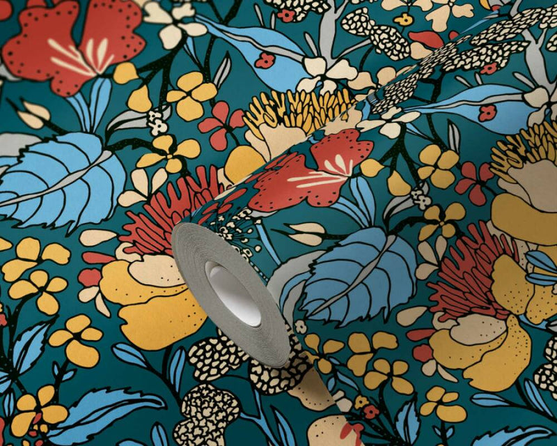 Floral Impressions Wallpaper - Blue + Yellow