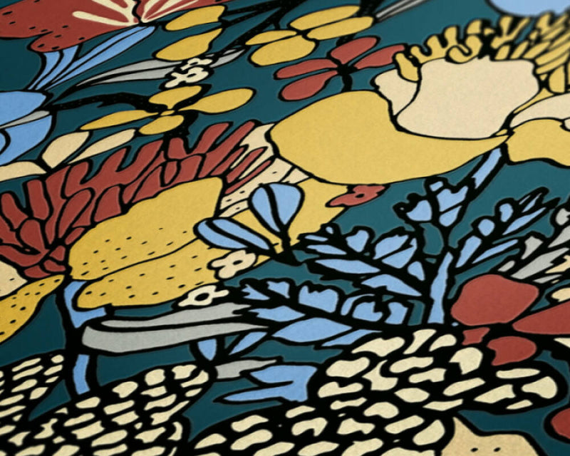 Floral Impressions Wallpaper - Blue + Yellow