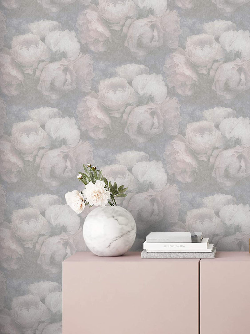 Dreamy Rose Wallpaper - Soft Grey + Lilac