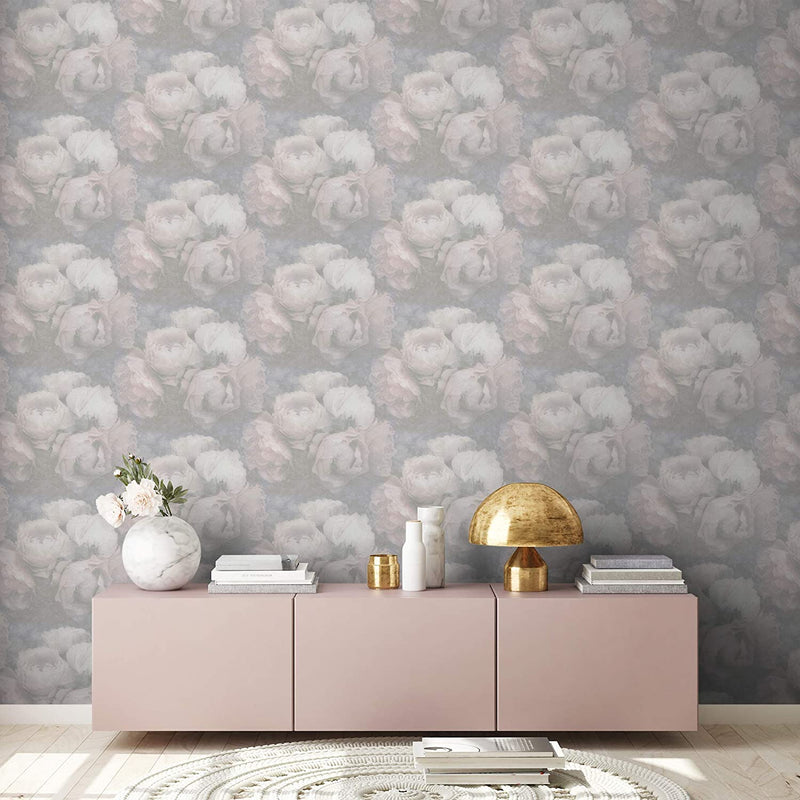 Dreamy Rose Wallpaper - Soft Grey + Lilac