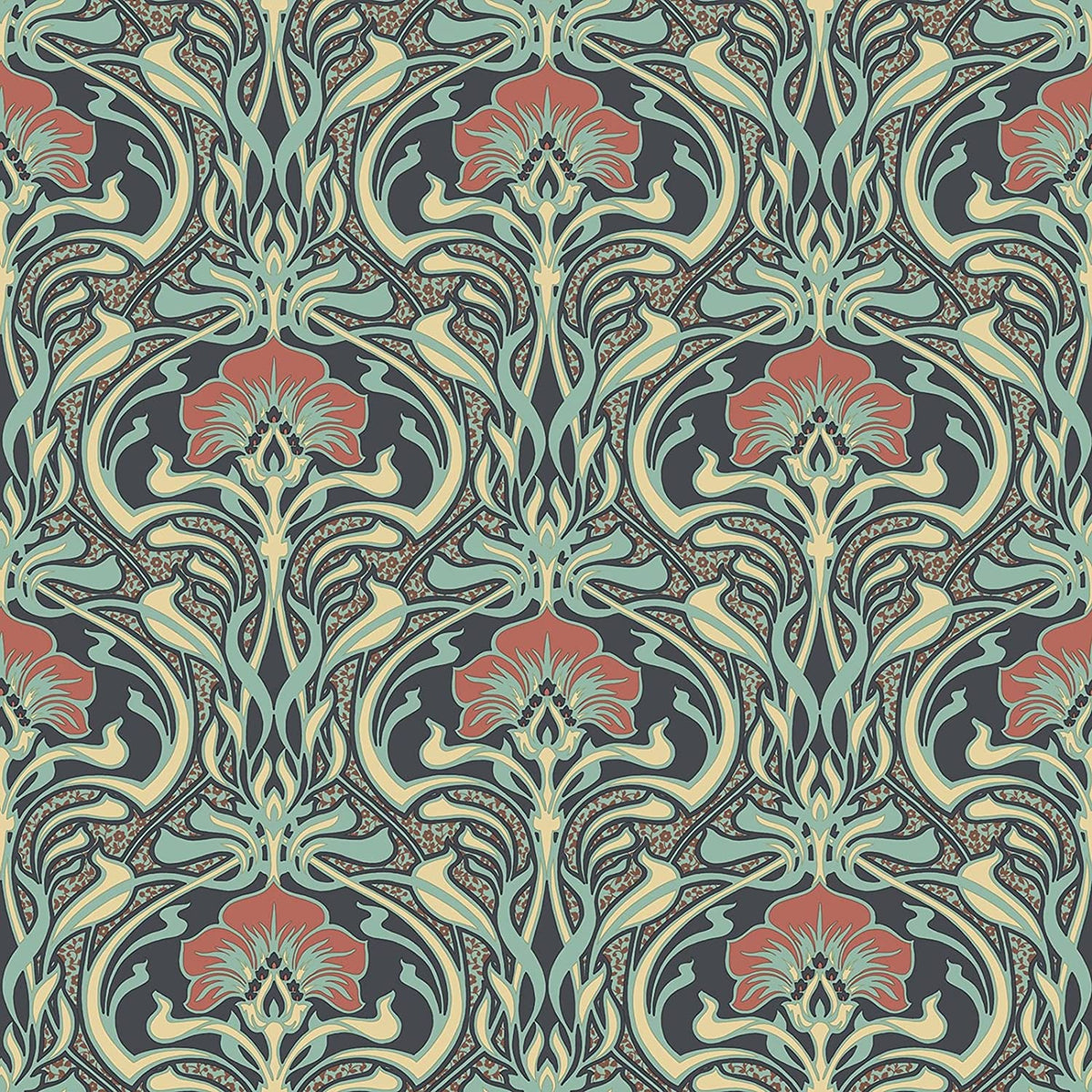 Sample - Flora Art Deco Wallpaper - Peacock Green