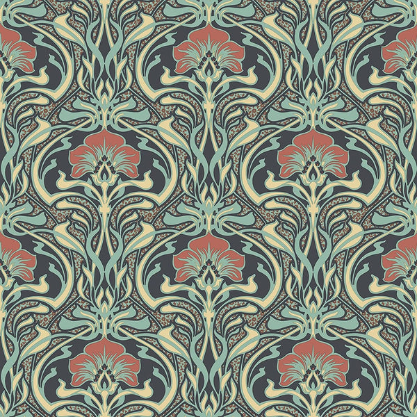Sample - Flora Art Deco Wallpaper - Peacock Green