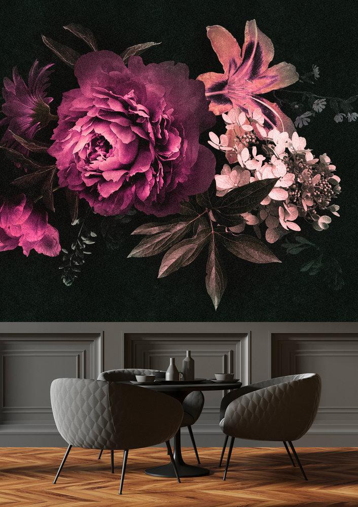 Floral Mural Wallpaper - Black Pink
