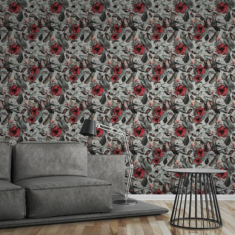 Grey/Red Floral Wallpaper