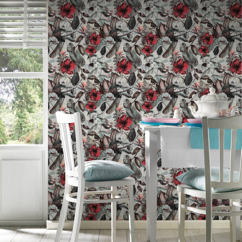 Grey/Red Floral Wallpaper