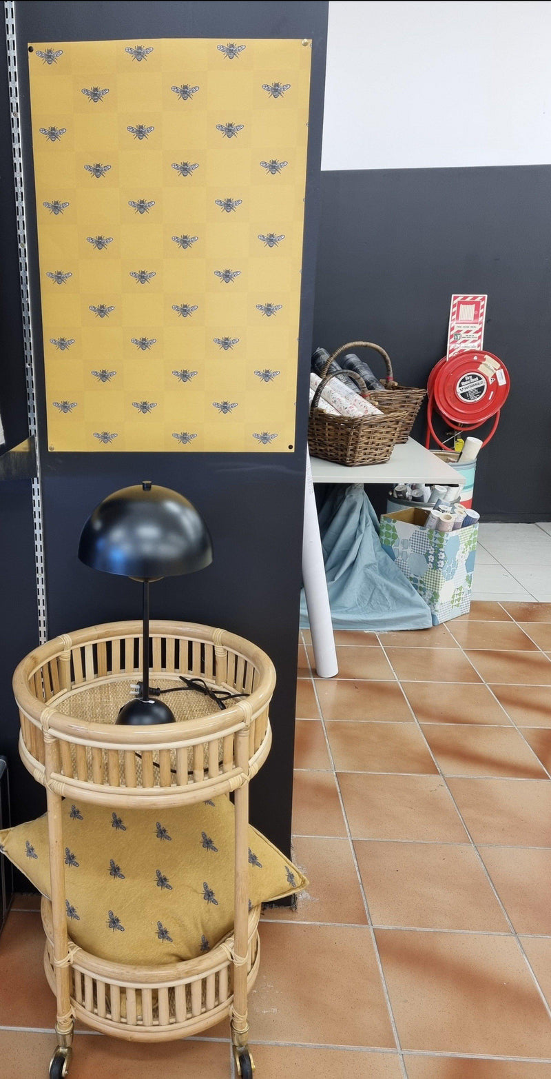 Hewson Bee Mustard Patchwork Wallpaper and Velvet in our showroom