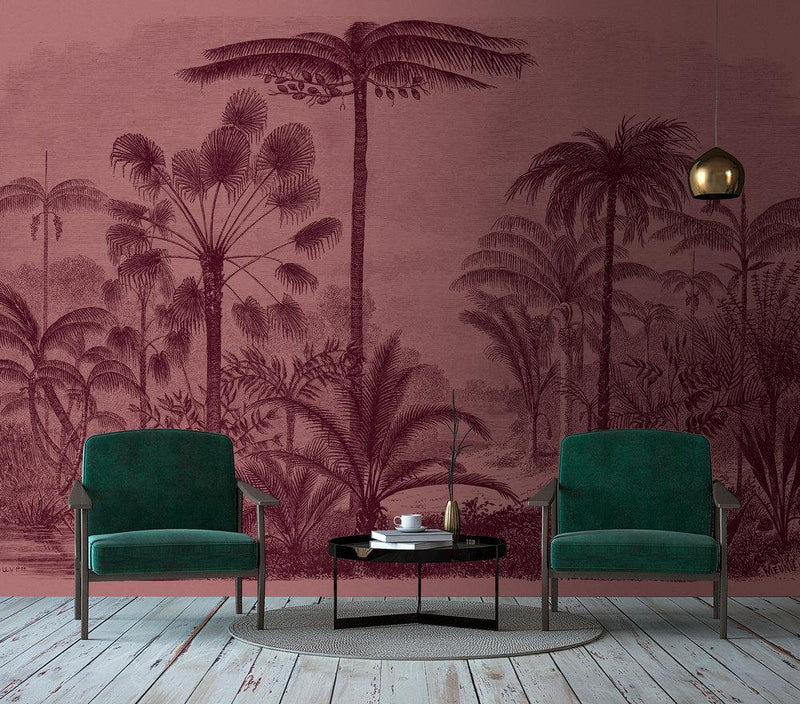 Jurassic Mural Wallpaper - Pink/Red