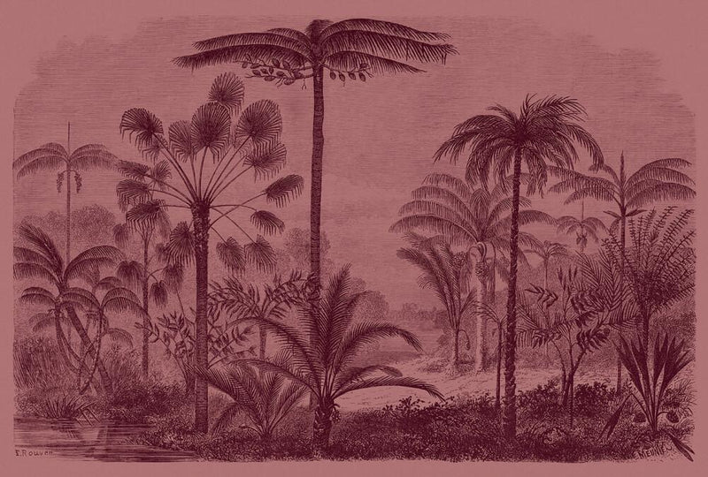 Jurassic Mural Wallpaper - Red/Pink