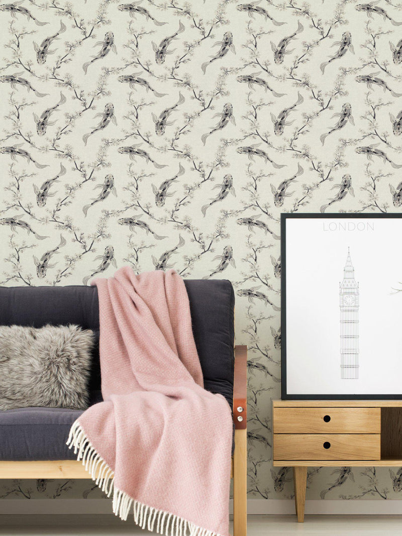Koi and Blossom Wallpaper - 3 Colours NZ-Wallpaper