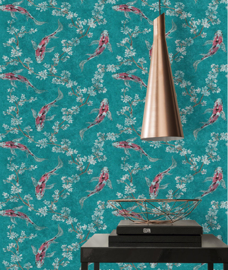 Koi and Blossom Wallpaper - 3 Colours NZ-Wallpaper