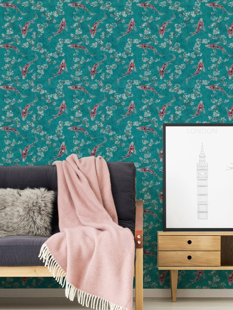 Koi and Blossom Wallpaper - 3 Colours NZ-Wallpaper