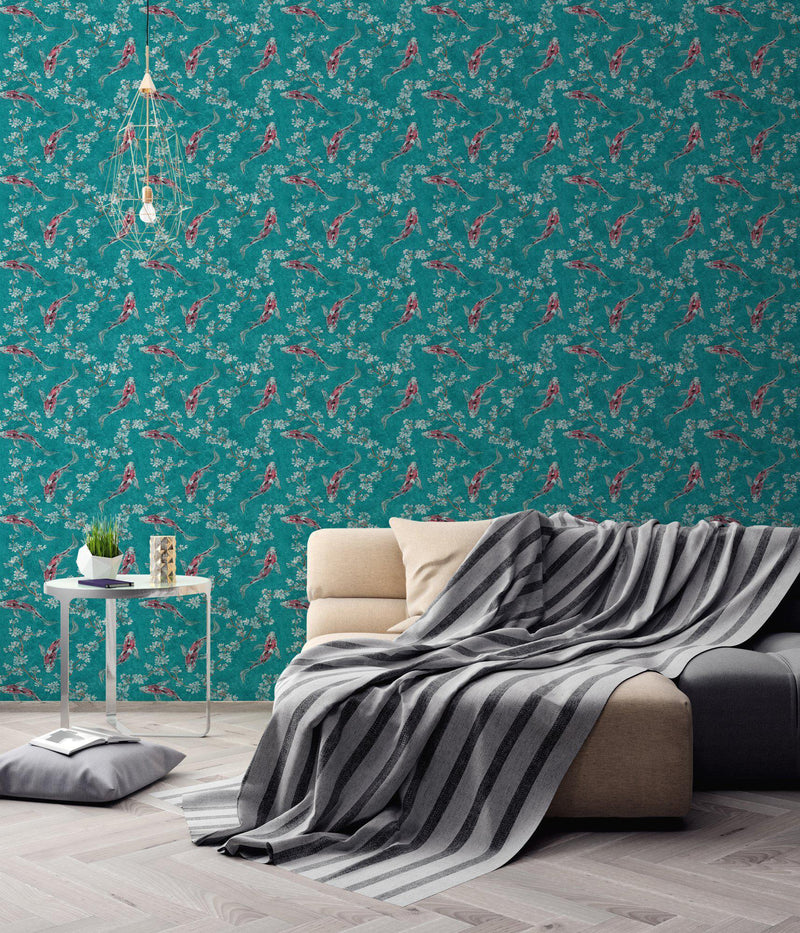 Koi and Blossom Wallpaper - 3 Colours NZ-Wallpaper