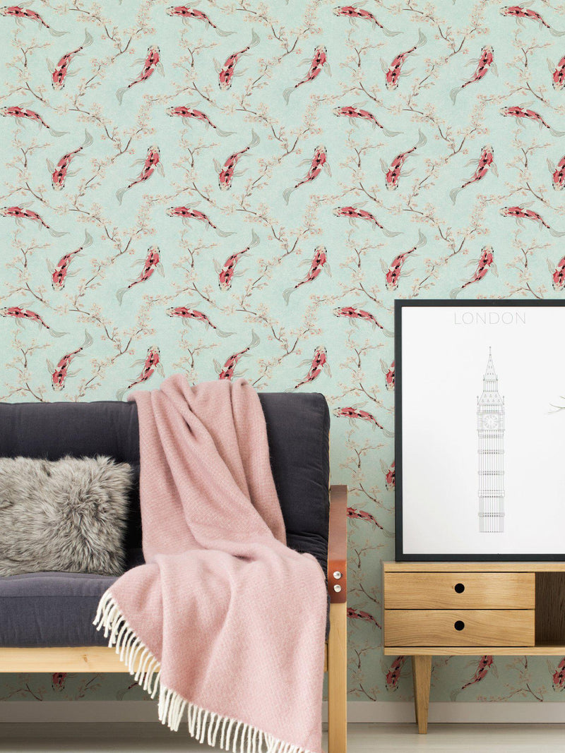 Koi and Blossom Wallpaper - 3 Colours NZ-Wallpaper