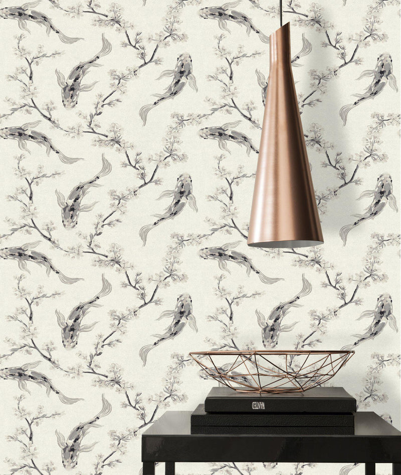 Koi and Blossom Wallpaper - 3 Colours NZ-Wallpaper
