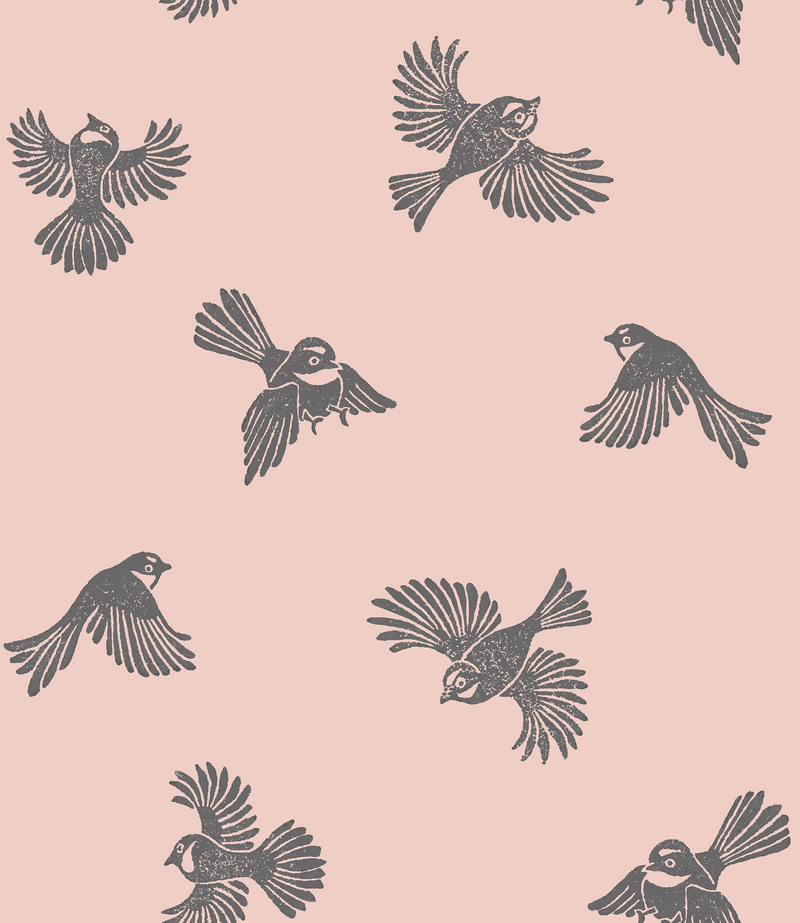 NZ Bird Wallpaper - Charcoal/Pink