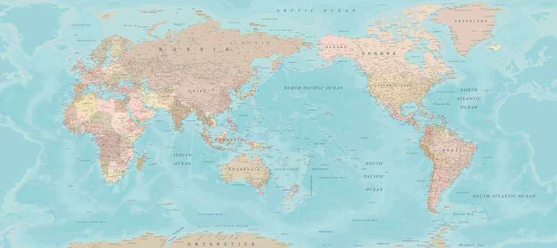 NZ Centered World Map - Blue wash