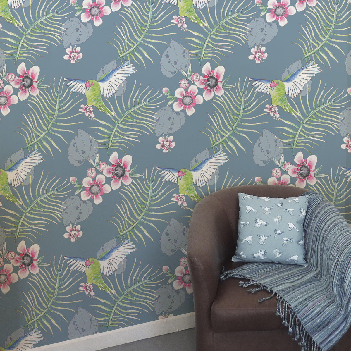 Kakariki Parrots Wallpaper - Smokey Blue
