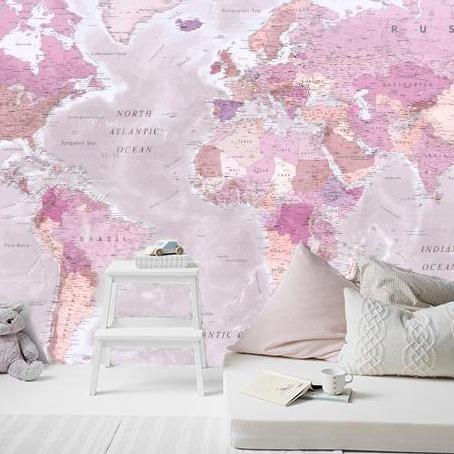 Pink World Map In A Bedroom