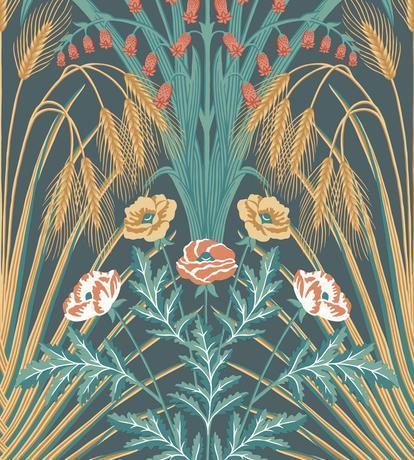 Teal, Coral & Gold Art Nouveau Wallpaper