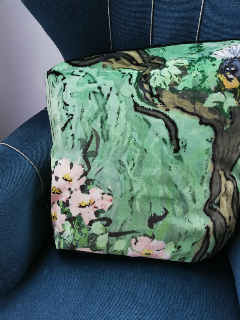 Velvet Fantail and Floral Closeup Detail on a Cushion