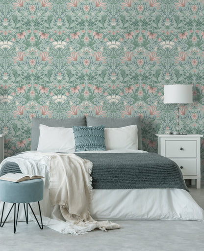Vintage Floral Wallpaper - Soft Teal  - Last 5 Rolls