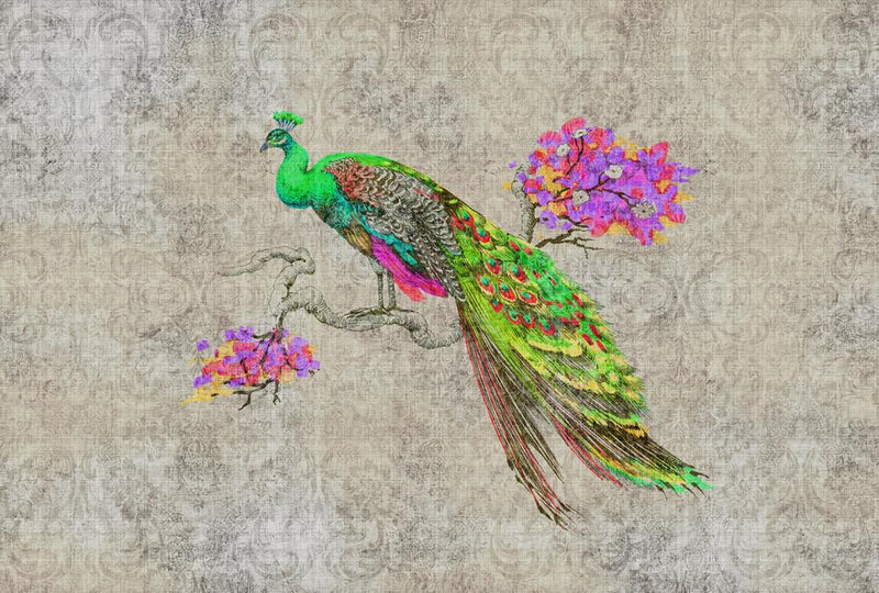 Vivid Peacock Mural - Green/Pink