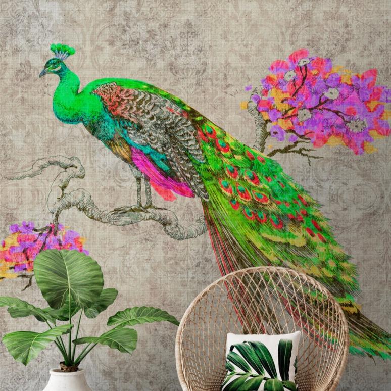 Vivid Peacock Mural - Green/Pink