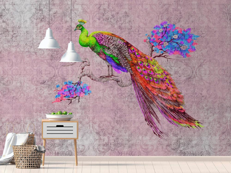 Vivid Peacock Mural - Pink