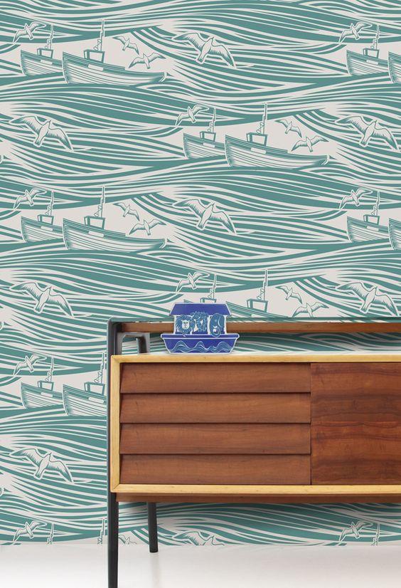 Whitby Boat Wallpaper - 4 Colours NZ-Wallpaper