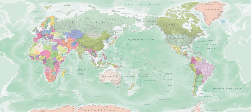 World Map - NZ and Australia Centered - Green
